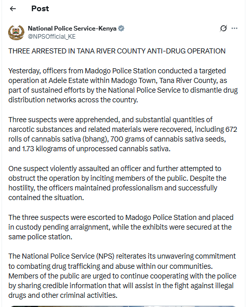 NPS statement about drug dealers. PHOTO/Screengrab by K24 Digital from X by @NPSOfficial_KE