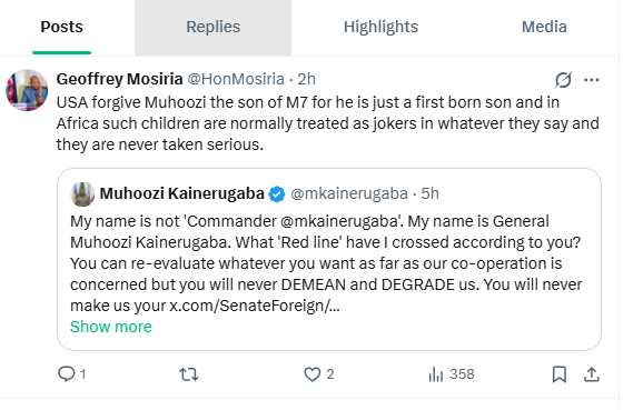 Mosiria urges the US to forgive General Muhoozi. PHOTO/Screengrab by K24 Digital from X by @HonMosiria