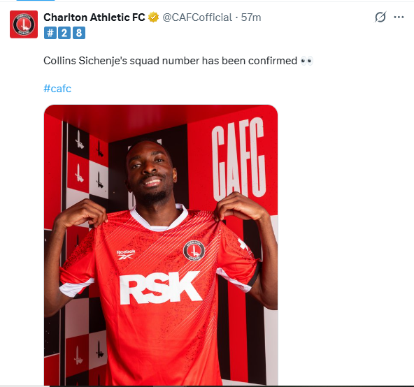 Charlton Athletic's statement on Collins Sichenje's shirt number. PHOTO/Screen grab by K24 Digital/@CAFCofficial/X