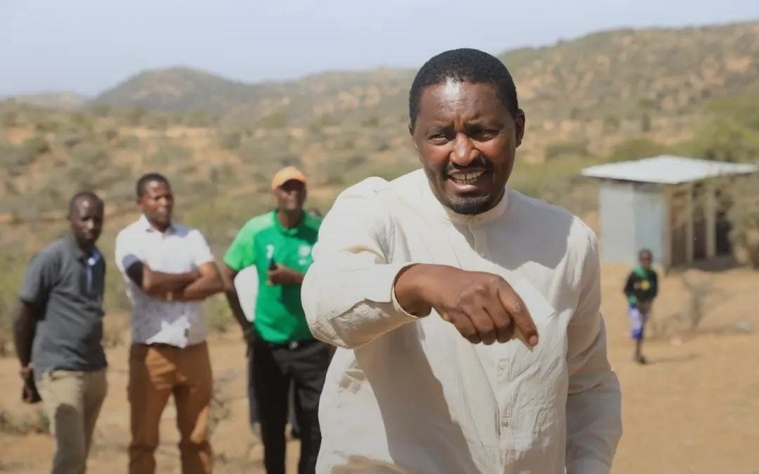 Mwangi Kiunjuri gestures as he addresses Laikipia residents over the rising cases of bandit attacks, as captured by our Mediamax correspondent in Laikipia, Wanjira Wachira. PHOTO/Wanjira Wachira