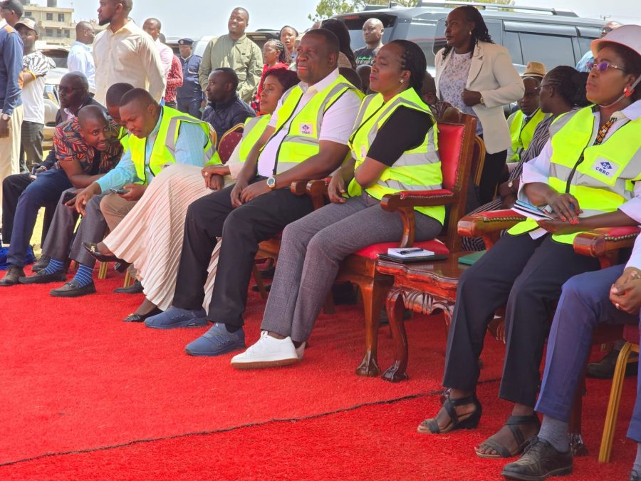 CSs Soipan Tuya (Defence) , Salim Mvurya (Sports), Kiambu Deputy Governor Rosemary Kirika, Thika MP Alice Ng’ang’a among other Government officials during the groundbreaking ceremony for construction of 10,000 -seater Thika Stadium. PHOTO/Mathew Ndung'u