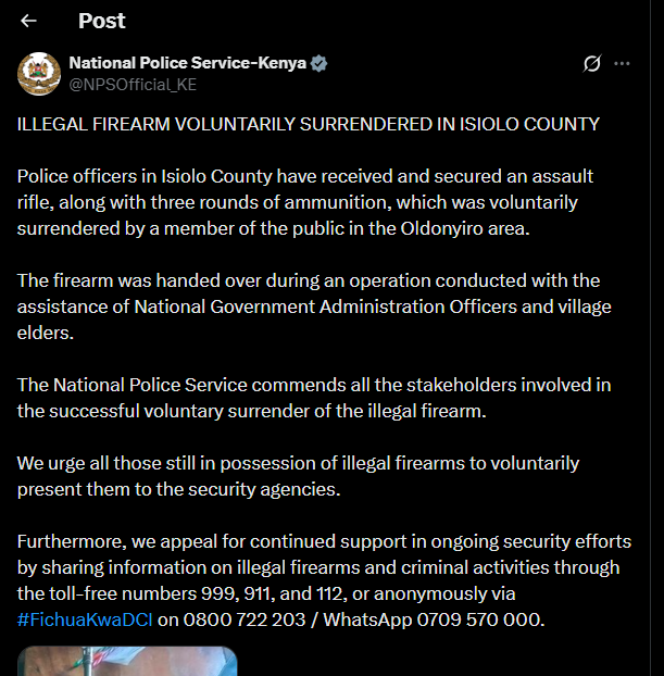 A post shared by the National Police Service (NPS) on X. PHOTO/Screengrab by K24 Digital