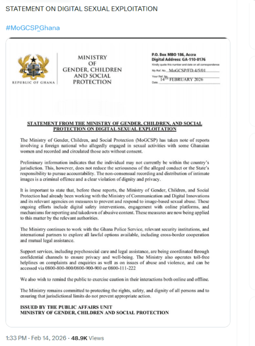 The ministry’s statement. PHOTO/Screengrab by K24 Digital of X post by @MoGCSP_Ghana