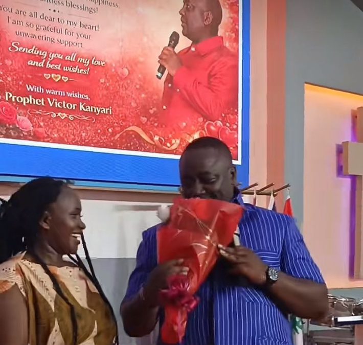 Pastor Kanyari hands a bouquet of roses to Marion Naipei. PHOTO/Screengrab by K24 Digital of TikTok video by @kanyari.