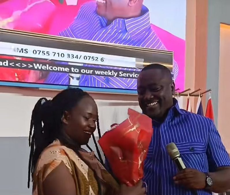 Pastor Kanyari hands a bouquet of roses to Marion Naipei. PHOTO/Screengrab by K24 Digital of TikTok video by @kanyari.