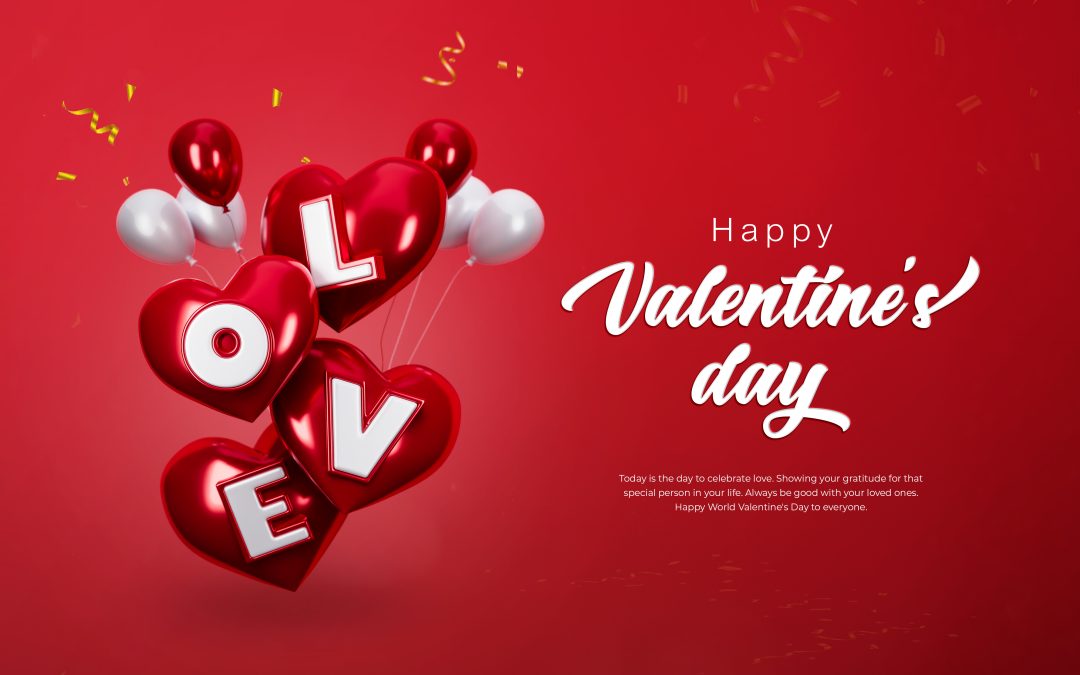 A vibrant red Valentine’s Day themed image featuring glossy heart shaped balloons spelling out the word LOVE, surrounded by red and white balloons and gold confetti. PHOTO/Pexels