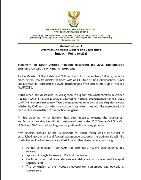 The Ministry of Sport, Arts and Culture of South Africa statement on 2026 WAFCON hosting. PHOTO/The Ministry of Sport, Arts and Culture, South Africa