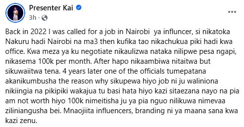 Presenter Kai’s post. PHOTO/ https://www.facebook.com/kichekodawa