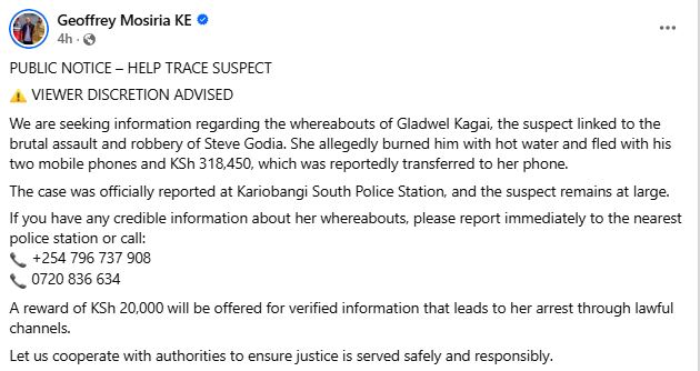 Geoffrey Mosiria’s statement. https://www.facebook.com/kiongozi.mosiriake
