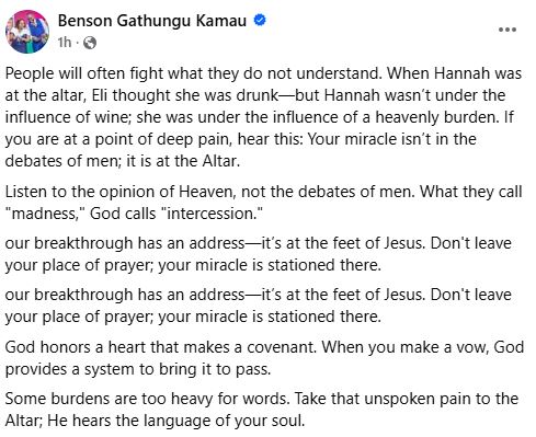 Bishop Benson Kiengei’s statement. PHOTO/A screengrab by K24 Digital from https://www.facebook.com/muthee.wawatoria
