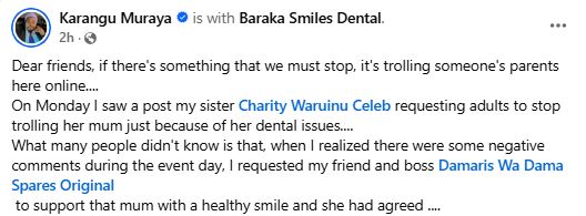 Karangu Muraya’s statement. PHOTO/ A screengrab by K24 Digital from https://www.facebook.com/KaranguMurayaMc