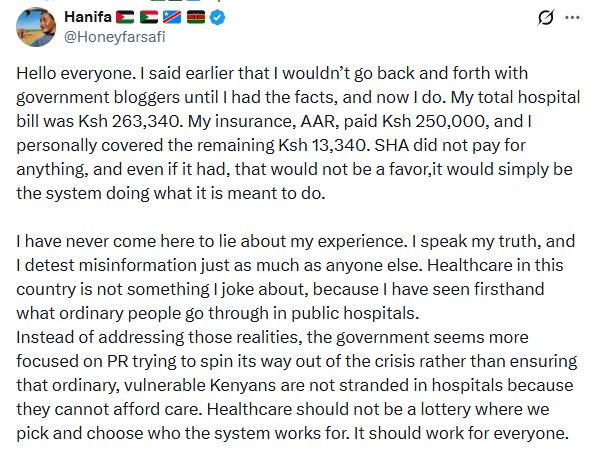 Hanifa Adan’s statement. PHOTO/A screengrab by K24 Digital from
@Honeyfarsafi