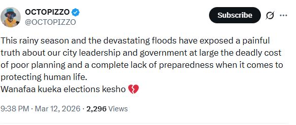 Octopizzo’s statement bashing the county government of Nairobi and the national government over recent floods in the city. PHOTO/A screengrab by K24 Digital from 
@OCTOPIZZO