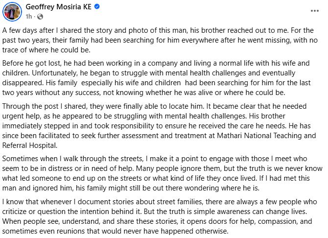 Geoffrey Mosiria’s post. PHOTO/ https://www.facebook.com/kiongozi.mosiriake