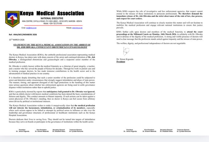Statement by the Kenya Medical Association. PHOTO/ https://x.com/KenyaMedics_KMA