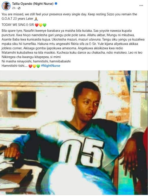 Talia Oyando’s statement marking the 23rd anniversary of E-Sir’s death. PHOTO/A screengrab image by K24 Digital from https://www.facebook.com/TalliaOyando/