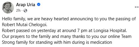 Content creator and comedian Arap Uria’s statement. PHOTO/ https://www.facebook.com/arapuria