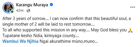 Karangu Muraya’s update on Wednesday, March 18, 2026. PHOTO/ https://www.facebook.com/KaranguMurayaMc