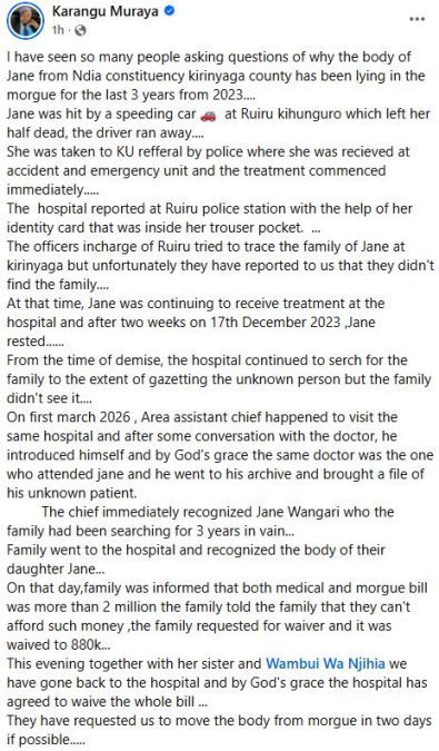 Karangu Muraya’s statement on Jane’s death. Photo/Ascreengrab image by K24 Digital from https://www.facebook.com/KaranguMurayaMc