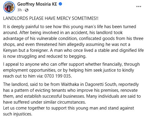 Geoffrey Mosiria’s post. PHOTO/A screengrab image by K24 Digital from https://www.facebook.com/kiongozi.mosiriake