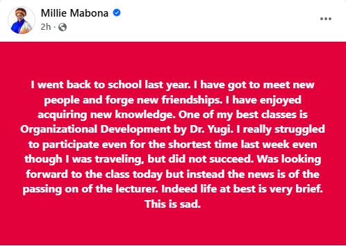 Millie Odhiambo’s statement on the death of her lecturer. PHOTO/A screengrab by K24 Digital from https://www.facebook.com/millie.mabona