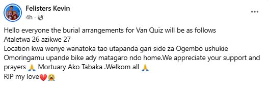 Statement by Van Quiz’s widow, Felisters Bosire. PHOTO/ https://www.facebook.com/felisters.bosire.1