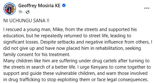 Geoffrey Mosiria’s post. PHOTO/A screengrab image by K24 Digital from https://www.facebook.com/kiongozi.mosiriake