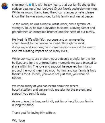 Statement by Chuck Norris’ family following his demise. PHOTO/A screengrab image by K24 Digital from https://www.instagram.com/chucknorris/