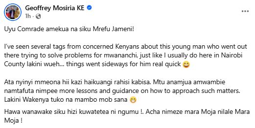 Geffrey Mosiria’s post on Facebook. PHOTO/A screengrab by K24 Digital from https://www.facebook.com/kiongozi.mosiriake