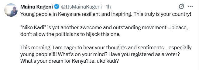Maina Kageni’s post on X. PHOTO/A screengrab image By K24 Digital from @ItsMainaKageni