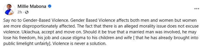 Millie Odhiambo’s statement on GBV. PHOTO/A screengrab image by K24 Digital from https://www.facebook.com/millie.mabona