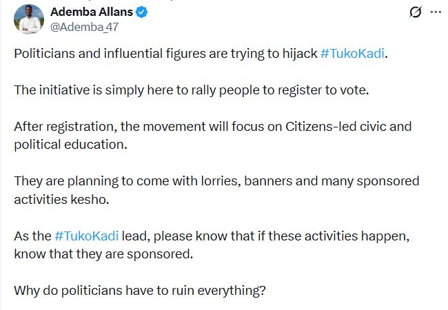 Allans Ademba’s statement on Tuko Kadi. PHOTO/
@Ademba_47