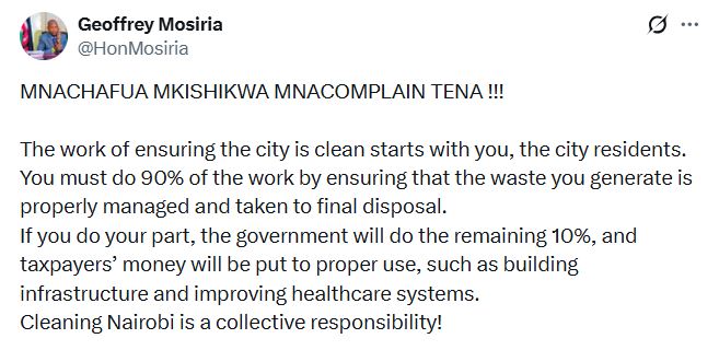 Geoffrey Mosiria’s statement on collective responsibility to keep Nairobi clean. PHOTO/A screengrab by K24 Digital from
@HonMosiria