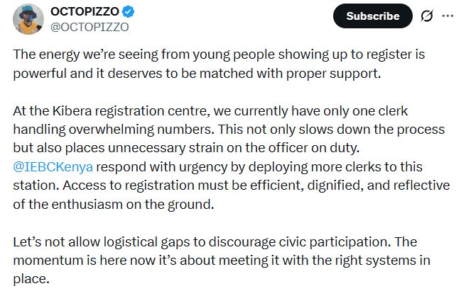 Statement by rapper Octopizzo on X. PHOTO/A screengrab image by K24 Digital from 
@OCTOPIZZO