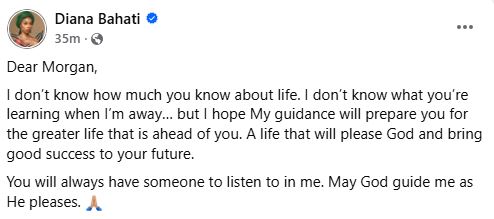 Rapper Diana Bahati message to son Morgan Bahati. PHOTO/ A screengrab image by K24 Digital from https://www.facebook.com/profile.php?id=100063927030927