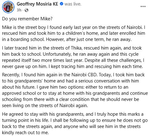 Geoffrey Mosiria’s post. PHOTO/A screengrab image by K24 Digital from https://www.facebook.com/kiongozi.mosiriake