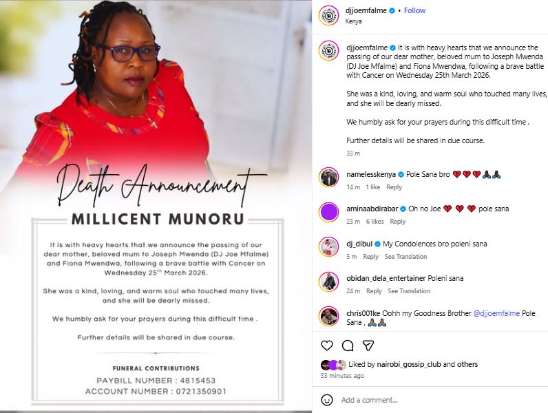 DJ Joe Mfalme’s statement following the death of his mother. PHOTO/ https://www.instagram.com/djjoemfalme/