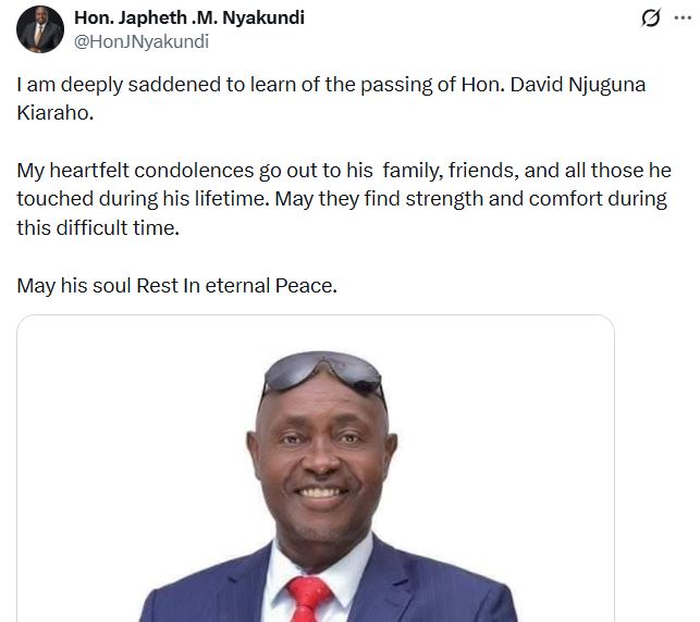 Japhet Nyakundi’s statement following the demise of Ol Kalou, Member of Parliament, David Njuguna Kiaraho Sunday, March 29, 2026. PHOTO/ @HonJNyakundi