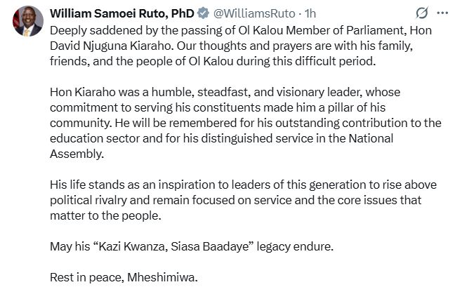 President William Ruto’s condolence message. PHOTO/ @WilliamsRuto