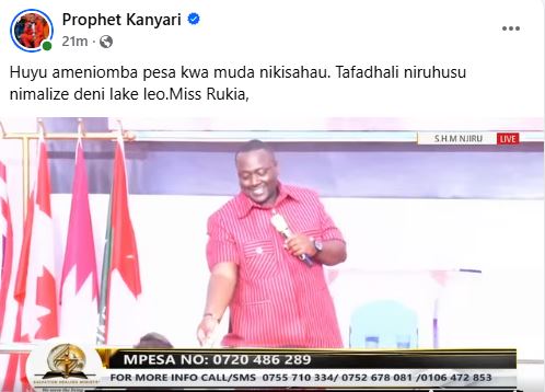 A screengrab image of Prophet Kanyari handing over money to a member of his congregation. PHOTO/ https://www.facebook.com/prophetkanyari