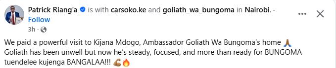 Patrick Riang’a’s update on Goliath wa Bungoma. PHOTO/ https://www.facebook.com/patrickcardealer