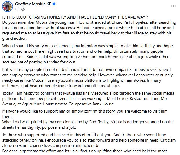 Geoffrey Mosiria's statement. PHOTO/https://www.facebook.com/kiongozi.mosiriake