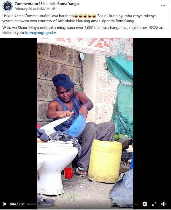 A screengrab image of Commentator 254 pushing content on Affordable Housing. PHOTO/ https://www.facebook.com/Commentator254