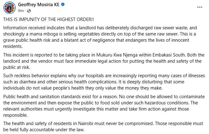 Geoffrey Mosiria’s statement. PHOTO/ https://www.facebook.com/kiongozi.mosiriake