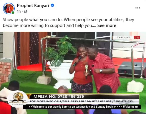 A screengrab image of Kanyari and Naipei taking part in ‘weka mawe’ challenge in church. PHOTO/ https://www.facebook.com/prophetkanyari