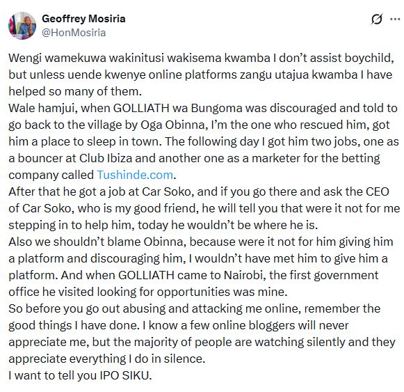 Geoffrey Mosiria’s statement. PHOTO/ 
@HonMosiria