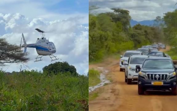Screengrab images of guests arriving at Miss Mueni’s rural home in a convoy of high-end vehicles and a chopper. PHOTO/ https://www.facebook.com/phine.mwesh