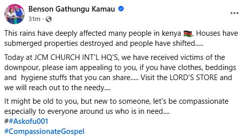 Bishop Benson Kiengei’s appeal for donations. PHOTO/A screengrab by K24 Digital from https://www.facebook.com/muthee.wawatoria