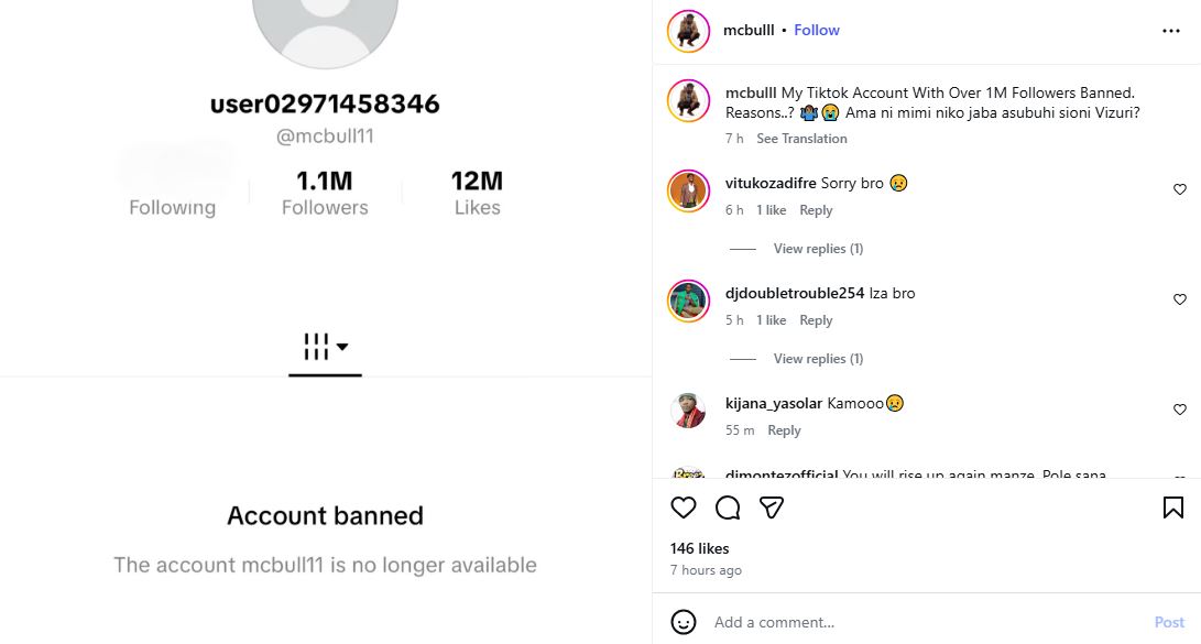 Kenyan comedian MC Bull sharing an update on his popular TikTok account. PHOTO/ https://www.instagram.com/mcbulll/