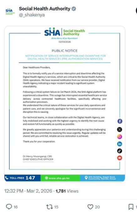 A screengrab image of SHA statement following the service disruption. PHOTO/ @_shakenya